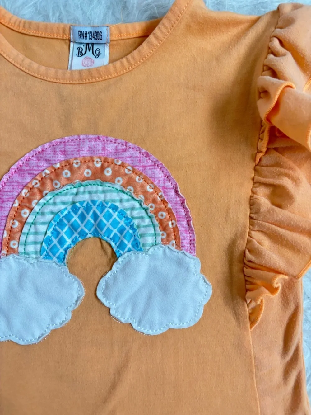 B.M.G Boutique Girls' Bright Orange Rainbow Appliqué Ruffle Sleeve Tee